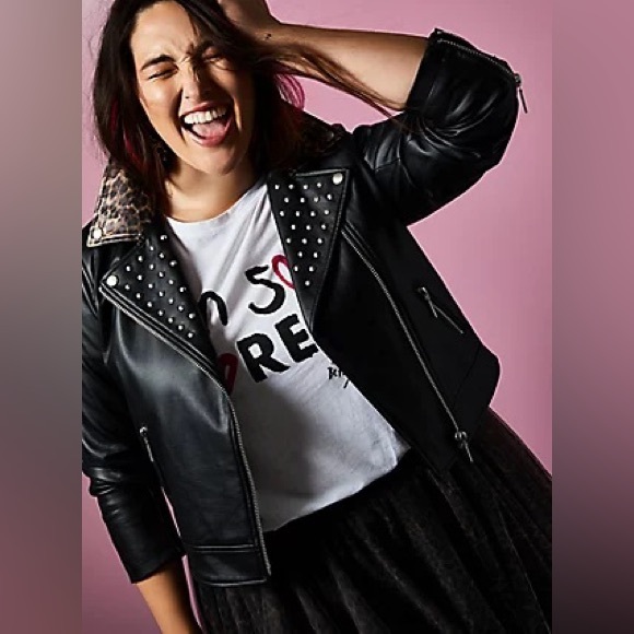 TORRID x BETSEY JOHNSON Leopard Trim Studded Faux Leather Jacket Black Size 1X - Picture 13 of 16